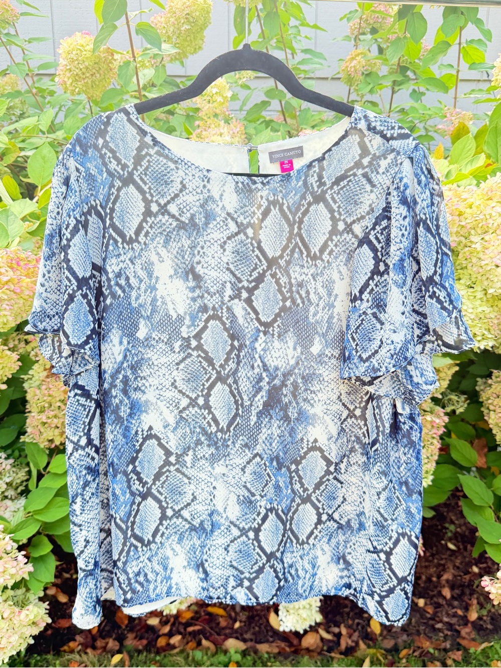 Vince Camuto Blue and White Snake-Print Ruffle Sleeve Blouse